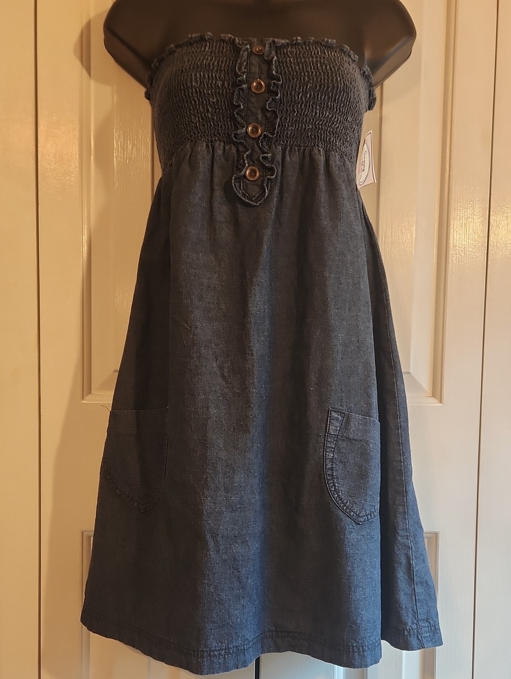 Womens Strapless Denim Blue Sundress with Button Detail - Size Medium